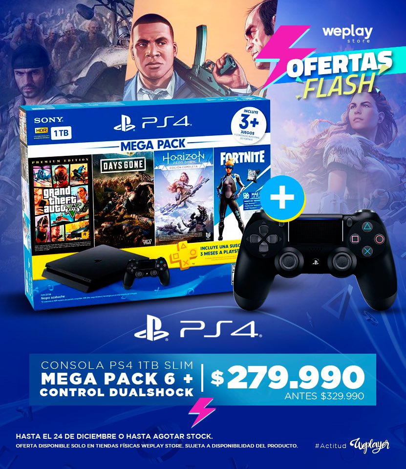 weplaystore_cl's tweet photo. [PROMOCIÓN SOLO EN TIENDAS] En ti está tomar el control de las aventuras que juegas 😉 No te pierdas esta promoción de la consola #Ps4 #MegaPack6 + control #DualShock4 negro con un precio increíble 🤩 Disponible SOLO en tiendas https://t.co/mQlfwKLbmd  #WeplayStore https://t.co/PnAjsdcU3o