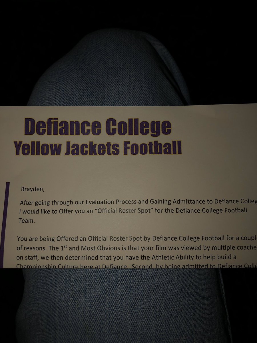 BraydenBarker6's tweet photo. Blessed to receive another and official offer from Defiance College. 🐝💜 
@C4_Sports_  @NHSPatsFB @TristanYeomans  @DCoverage17 @coach_shank05 @BigFaceSportss https://t.co/etv6r5YiHG