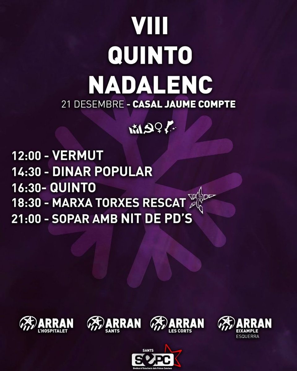 ❄VIII QUINTO NADALENC❄

 🗓Demà, 21 Desembre
📍 Jaume Compte (C/Muntades,24)
⏰ A partir de les 12.00h

Ús hi sperem!