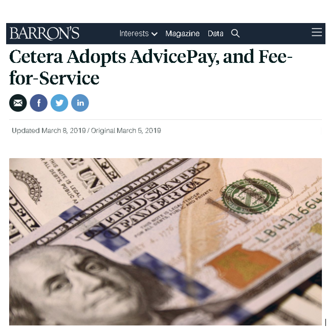 CeteraFinancial's tweet photo. Back in March, we led the competition in the independent space by announcing our adoption of #AdvicePay and fee-for-service offering. This scored us and @michaelkitces a nice write up in @barrons with @RossSnel. https://t.co/Y3Niq5ZqAQ #CeteraTop10 https://t.co/XBYwSF1GcP
