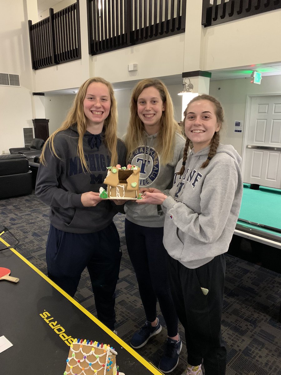 TrineWBB's tweet photo. Celebrating the Holiday season as a team these past couple nights with Ginger bread house building and the annual Christmas party gift exchange ❄️☃️🎁  
Couldn’t get all the houses but here are some of the more “creative” houses #TWBB https://t.co/e62Co9w4Ec