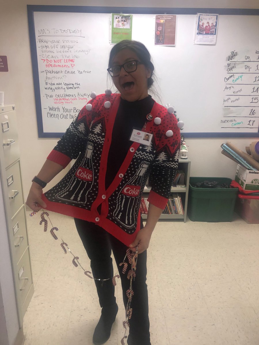 St_ElizabethsHC's tweet photo. Congratulations to our Nursing Director, Vanessa for winning our Ugly Sweater contest with her refreshing ensemble!! She is definitely feeling merry and bright going into the weekend! https://t.co/eqI9VCZwVH