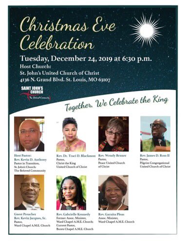 SJUCCstl's tweet photo. Join us as we host Christmas Eve Worship with Christ the King UCC, Ward Chapel AME, Pilgrim UCC and Peace UCC! 

Sunday, December 24, 2019 @ 6:30pm

Together, we celebrate the King! https://t.co/9CVrRa730D