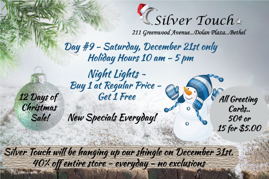 silvertouch211's tweet photo. 🎄12 Days of Christmas Sale at Silver Touch!
Day #9 – Saturday, December 21st only.
Store Hours - 10 am - 5 pm.
Night Lights 🌟 Buy 1 at Regular Price and Get 1 Free. 🎄#thisisbethel #shoplocal #12daysofchristmas #SilverTouch https://t.co/IQaSHSrY3K