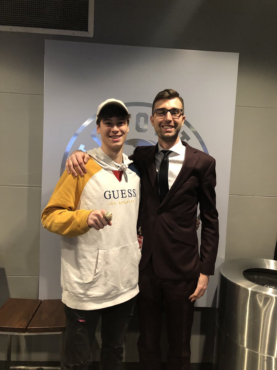 3ramkids's tweet photo. Ran into @lukerams1 old Ball Coach from Ontario Basketball and counsellor from Camp Olympia at the Raptors game as he now works for them!   Got a chance to@hold his ring!  Thanks Spencer! https://t.co/r5S3JEvOl7