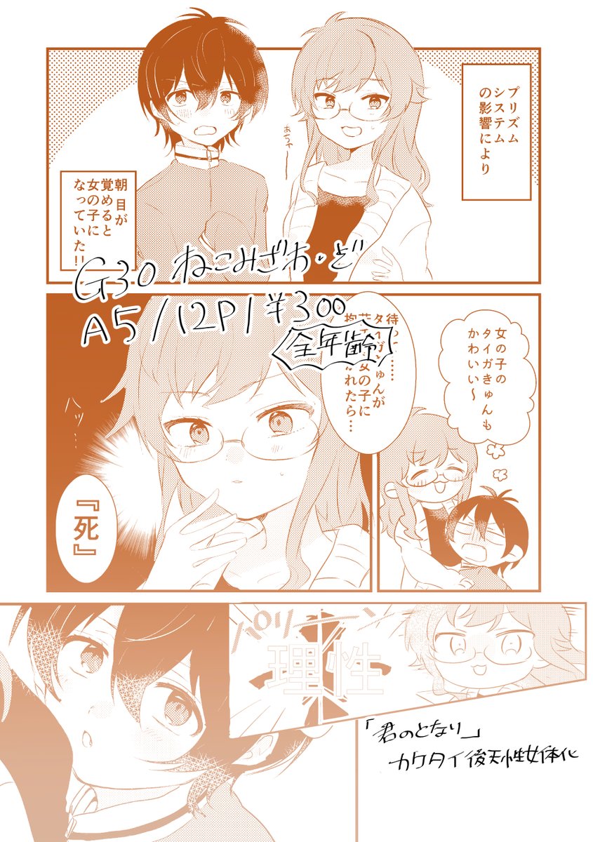 12/22 追いカケタイ2 G30
「君のとなり」
A5/12P/300円
プリズムシステムの影響により女の子になってしまった後天性女体化カケタイの話 