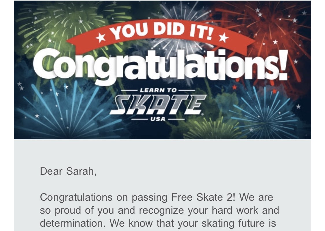 Screenshot of an email saying I passed free skate 2