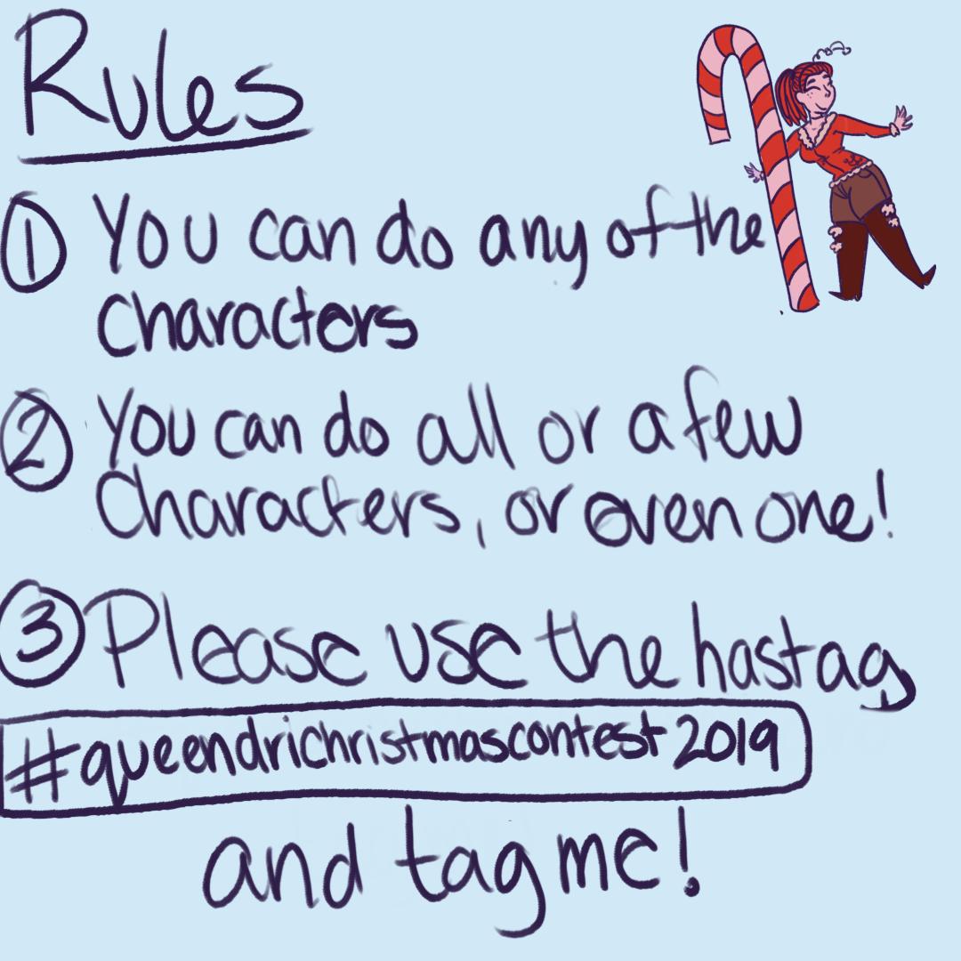 dri_2023's tweet photo. Welcome to Queen Dri's Winter Challenge! I challenge you to draw my characters in their Christmas outfits! I have some good prizes lined up!
.
Winners will be announced January 1st!
.
Any questions? Please DM me!
.
#queendrichristmascontest2019
#christmas #queendri #queendridraws https://t.co/fsznGQg8TW