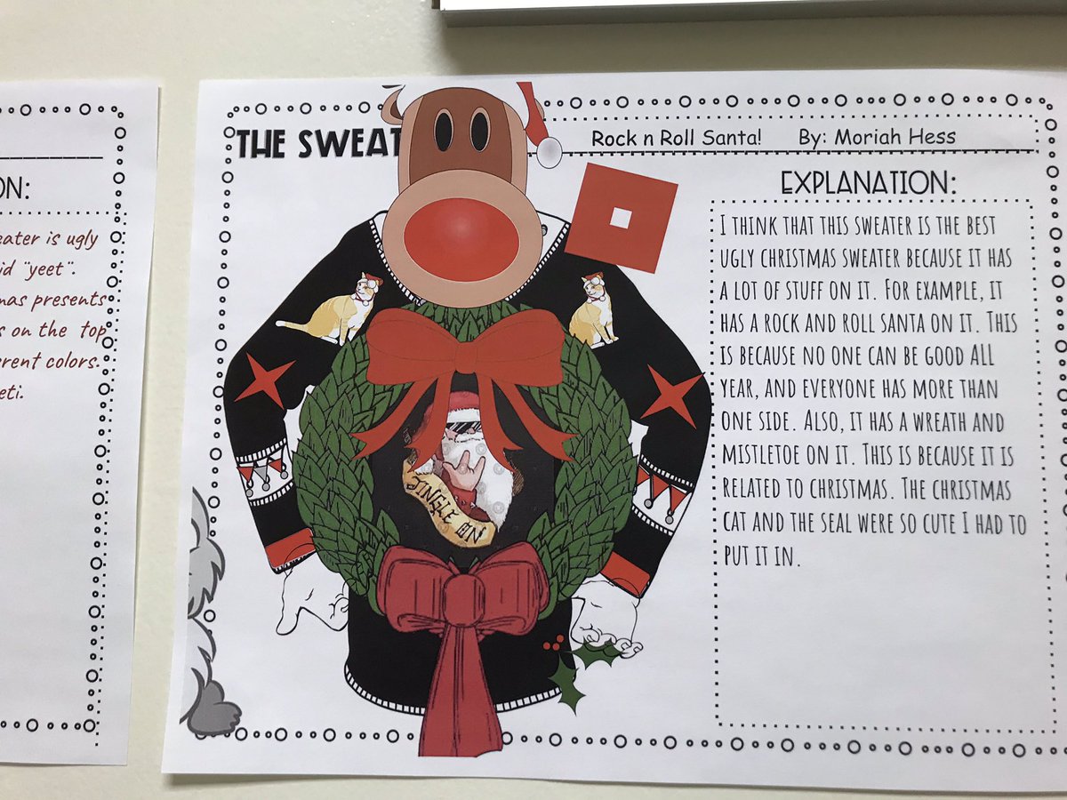 ms_leckie's tweet photo. Ending the year with 5th Grade’s Ugly Sweater Contest, but this year we did them digitally. #5thgraderocks  #@clearcreekcubs https://t.co/3e6056S0Wq