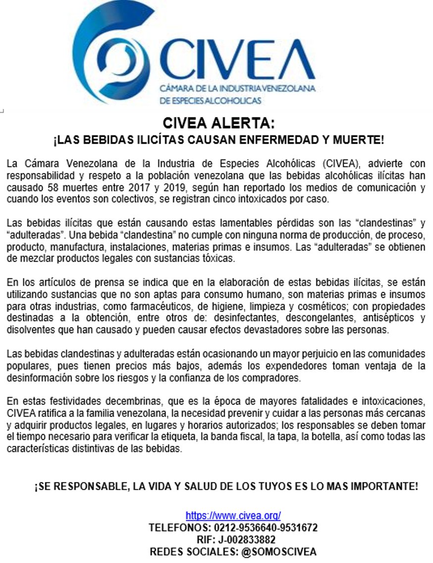 CIVEA ALERTA 
A la comunidad en general :

¡LAS BEBIDAS ILÍCITAS CAUSAN ENFERMEDAD Y MUERTE!

 #Comunicado #CIVEA