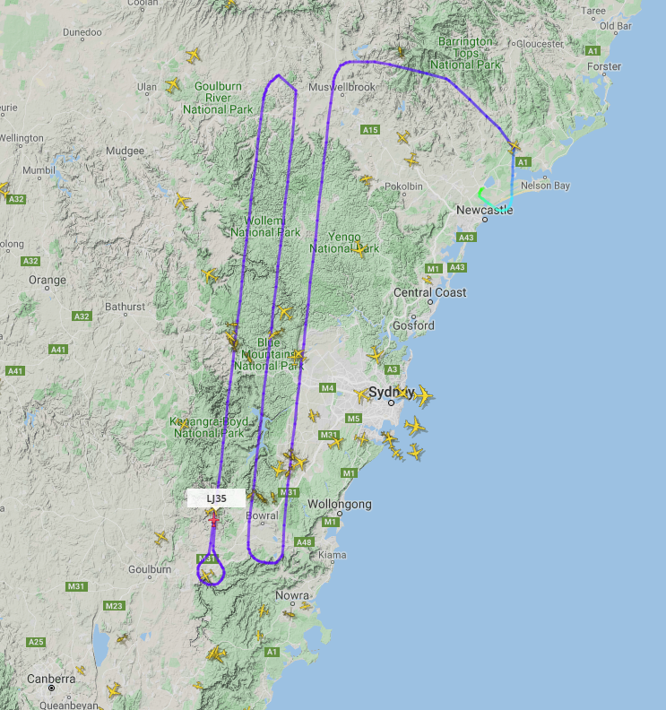 Nrg8000's tweet photo. Learjet 35A @NSWRFS Firescan aircraft currently (at 1pm) imaging the main fire fronts around Sydney at 31,000 feet. These planes use non-visible (NIR/SWIR/FLIR - not totally sure of the exact band designations) sensors to look throught the smoke at the exact fire hotspots. https://t.co/hvE7N7xTPg