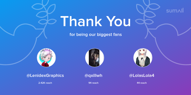 DERGOOD22's tweet photo. Our biggest fans this week: LenidexGraphics, qxillwh, LolasLola4. Thank you! via https://t.co/Nb0BeJtLK1 https://t.co/qtlFE4zcpN