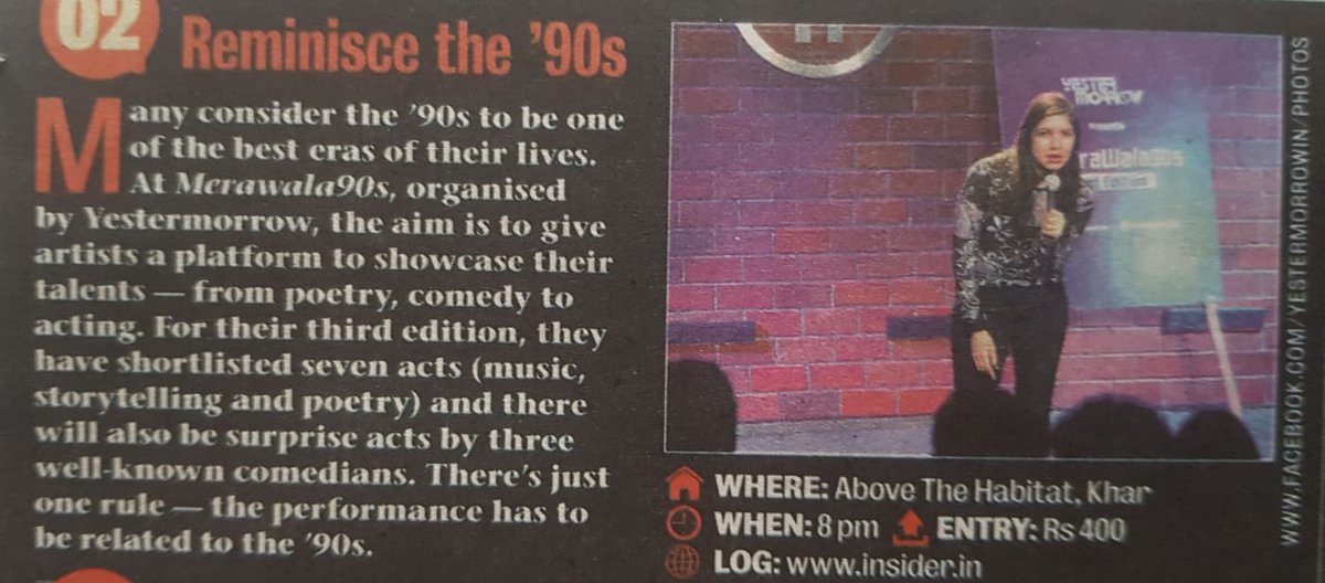 YesterMorrowIn's tweet photo. Got featured in @MumbaiMirror  !!! 😍😍😍😍

Come and join us tonight at The Habitat - Comedy and Music Cafe, 8 PM onwards.

#MeraWala90s - Third Edition exclusively hosted by #YesterMorrow

Grab your spot at https://t.co/yes31zmP8c.
(Link:- https://t.co/sKtBgPoteZ) https://t.co/qJhko77XIU