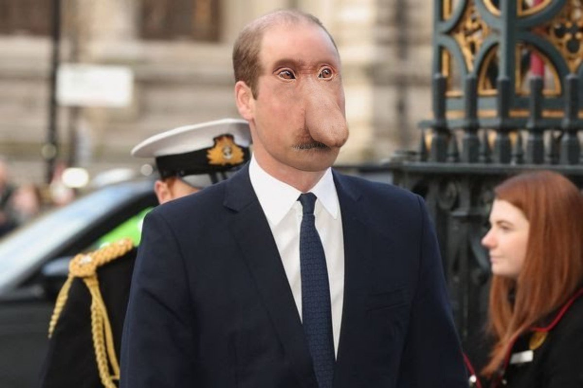 visualsatire's tweet image. Prince William with the face of a proboscis monkey.