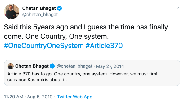 BesuraTaansane's tweet photo. #AnotherOneBites the dust 

Looks like Chⓤtan Bhagat just got a sack full of #PidiBiscotti made fm Mamma Mias "Black Dough"

This man who since 2014 has been saying #Article370 has to go is now calling the abrogation an "insult to Mu$lims"

His u-turn makes Kejriwal look honest https://t.co/z5GFdgJEUB