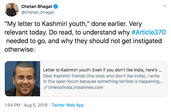 BesuraTaansane's tweet photo. #AnotherOneBites the dust 

Looks like Chⓤtan Bhagat just got a sack full of #PidiBiscotti made fm Mamma Mias "Black Dough"

This man who since 2014 has been saying #Article370 has to go is now calling the abrogation an "insult to Mu$lims"

His u-turn makes Kejriwal look honest https://t.co/z5GFdgJEUB