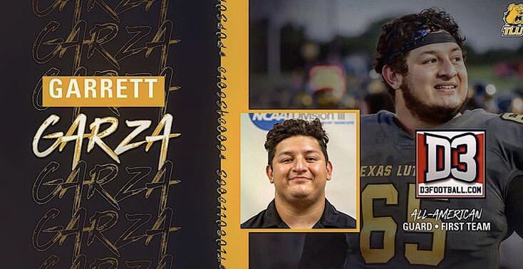 Big shout out to former Tiger Garrett Garza for being selected as a 1st Team All American this year for <a href="/TLU_Football/">TLU Football</a>. This is an amazing accomplishment!!! Great job <a href="/garrettgarza65/">Coach Garza</a> ; we are really, really proud of you. 
#WinTheDay 
<a href="/sTpTigerFB/">Stony Point Football</a> <a href="/StonyPointHS/">Stony Point H S</a> <a href="/RoundRockISD/">Round Rock ISD</a>