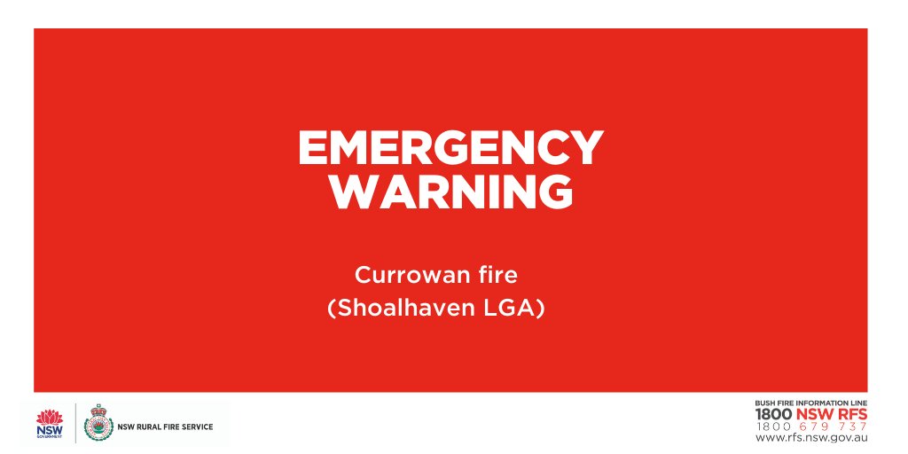 NSWRFS's tweet photo. EMERGENCY WARNING - Currowan Fire (Shoalhaven LGA)
Fire activity is increasing. If you are in the areas of Yatte Yattah, Lake Conjola, Cunjurong, Manyaya, Bendalong and Fishermans Paradise, it is too late to leave. 
Seek shelter as the fire approaches. 
#nswrfs #nswfires https://t.co/ZcDmUWWJQD