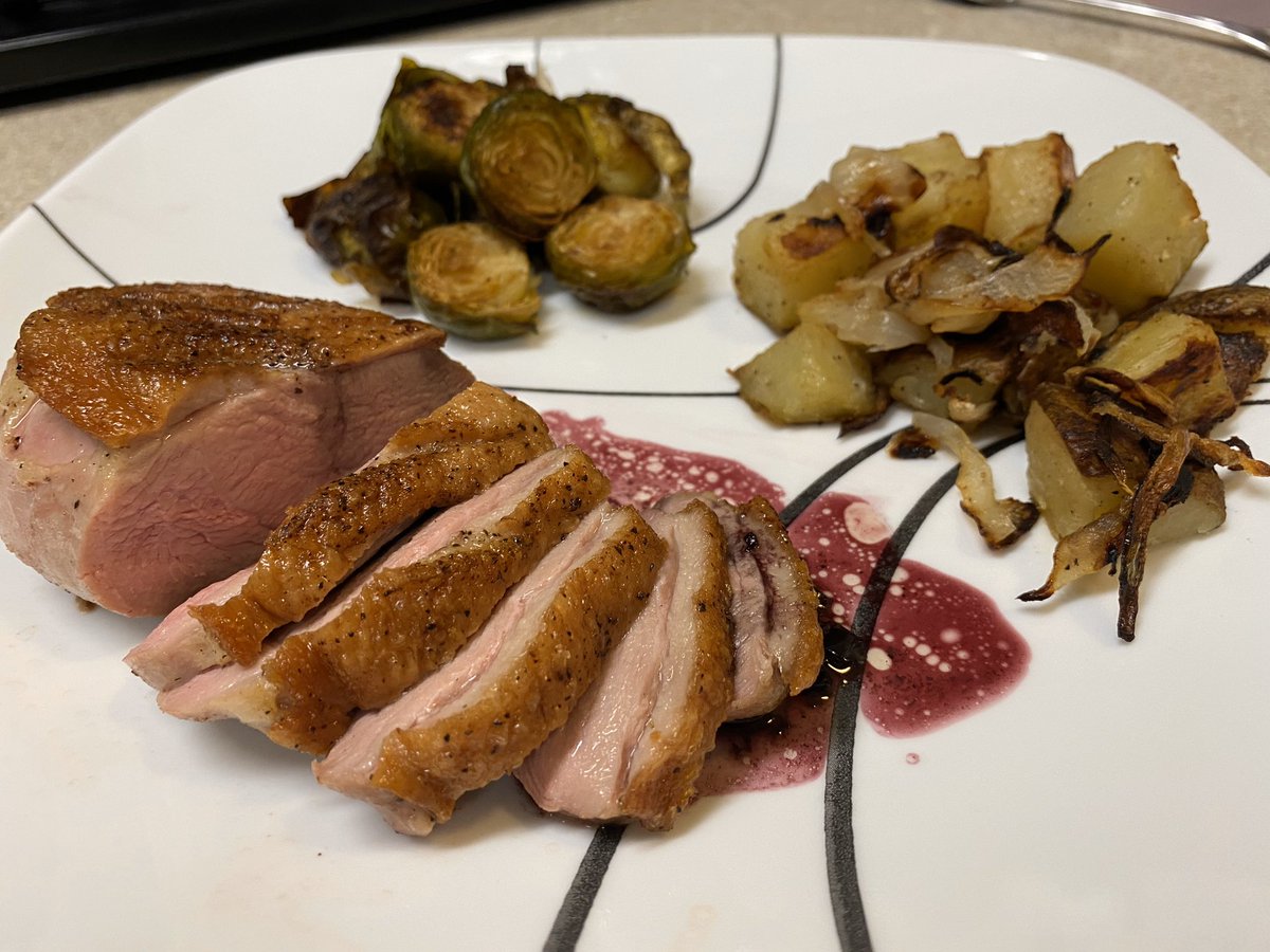 JBBinc's tweet photo. @GordonRamsay What do you think of my dinner? First time cooking duck breasts, pan seared and finished in the oven with a red wine reduction. Served with roasted brussel sprouts and potatoes with onion. https://t.co/esce5xYEwS