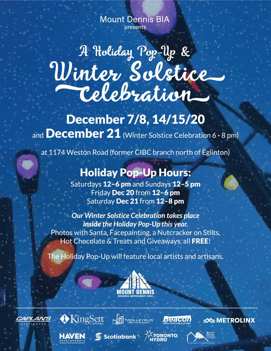 Last chance today (Saturday) to shop the Annual Mount Dennis BIA Holiday Pop-Up at 1174 Weston Road with local artists and artisans. 12 noon - 8pm. Winter Solstice celebrations with Santa from 6-8pm. <a href="/Metrolinx/">Metrolinx</a> <a href="/CrosstownTO/">Crosstown</a> <a href="/CityNews/">CityNews (Inactive)</a> <a href="/TABIANews/">Toronto Association of BIAs (TABIA)</a> <a href="/blogTO/">blogTO</a> <a href="/TorontoStar/">Toronto Star</a> <a href="/CBCToronto/">CBC Toronto</a>