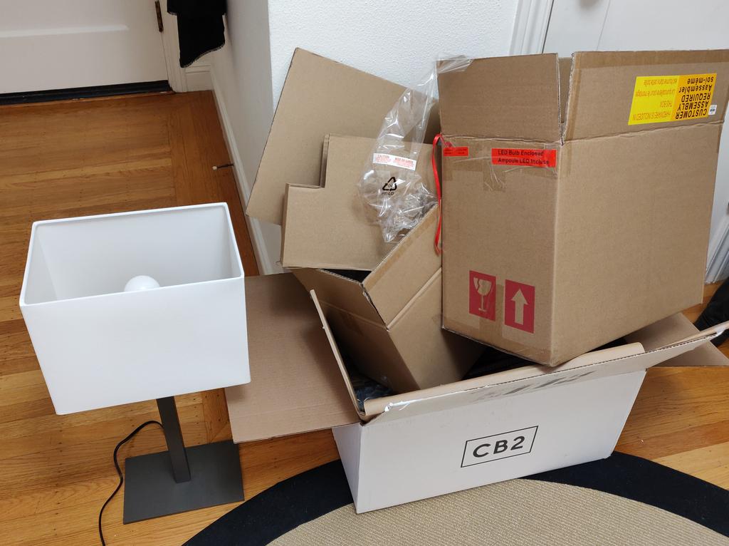 arnaud036's tweet image. How many boxes does it take to ship a small lamp? #boxesonboxes #savetheplanet #cb2