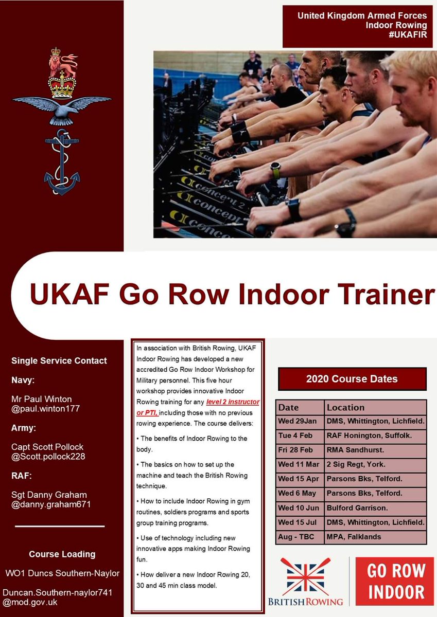 ArmySportASCB's tweet photo. In association with @BritishRowing UKAF Indoor Rowing has developed an accredited #GoRow Indoor W'shop for UKAF personnel.The 5 hr workshop provides Indoor Rowing training for level 2 instructor/PTI even without rowing experience
To bid for a place WO1 Duncs Southern-Naylor β¬οΈ https://t.co/kT5woHFEy0
