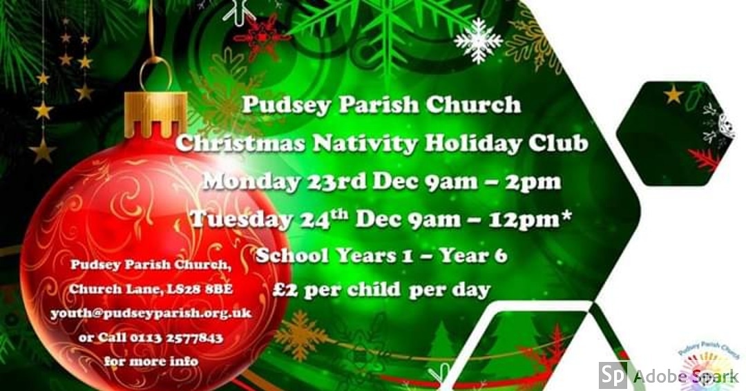 Pudsey Parish (@pudseyparish) on Twitter photo Nativity Holiday Club workshops, held on 23rd December 9am-2pm and 24th December 9am-12noon. For further information email youth@pudseyparish.org.uk
#PudseyParishChurch #Pudsey #Leeds #Farsley #SupportYourCommunityFirst #JoinUs #followthestar #MyLeedsCofE #DioceseOfLeeds Nativity Holiday Club workshops, held on 23rd December 9am-2pm and 24th December 9am-12noon. For further information email youth@pudseyparish.org.uk
#PudseyParishChurch #Pudsey #Leeds #Farsley #SupportYourCommunityFirst #JoinUs #followthestar #MyLeedsCofE #DioceseOfLeeds