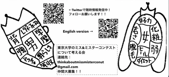 東大ミスコンについて考える会の
ビジュアルが良くできてる。
個人的に男でも女でも美しい人を見るのは好きなんだけど、日本社会のジェンダー観をクライテリアに男子力、女子力を競い合うのって、なんか一辺倒で息苦しい。 