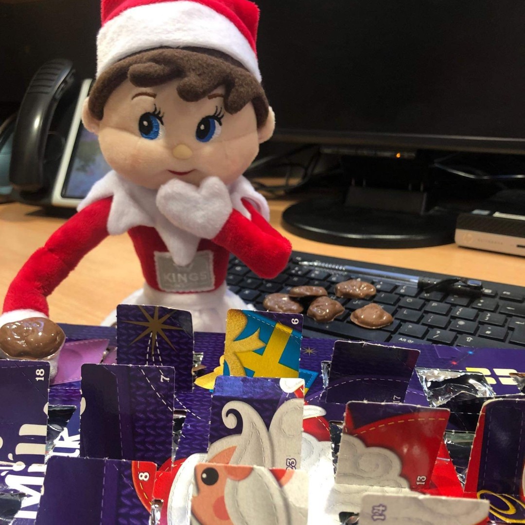 KingsGuernsey's tweet photo. The temptation has proved too much - and the chocolate has gone! We blame the elf... #chocolate #festivetreats #elfontheshelf #dairymilk #adventcalendar #elf2019 https://t.co/pwZ06GZqDg