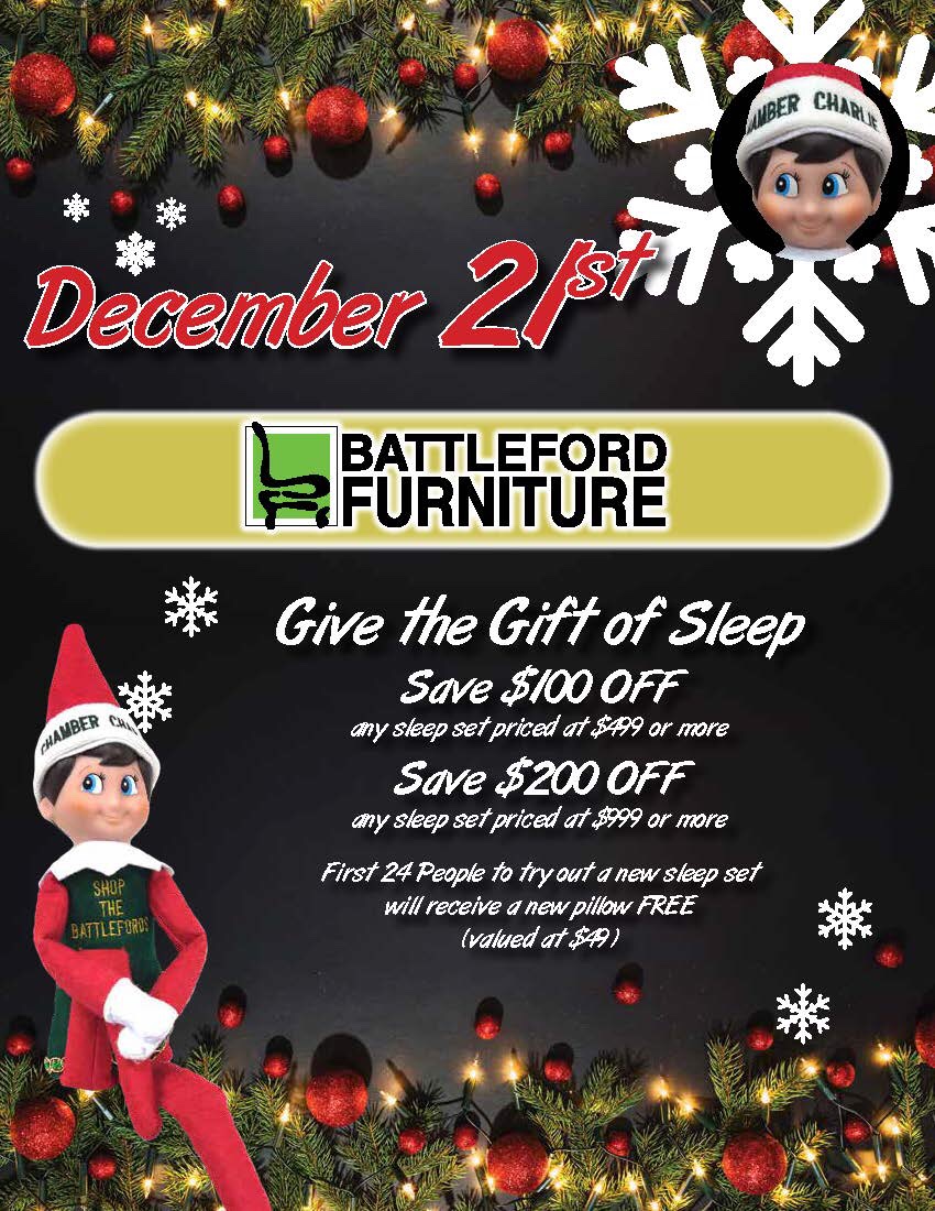 Sleep is your gift from Chamber Charlie and Chris,
Battleford Furniture is where you’ll seek out this bliss,
A free pillow could be yours to relax your sweet head,
A discount as well, if you find a new bed.