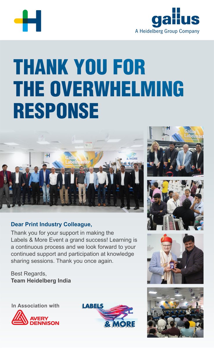 HeidelbergIndia's tweet photo. Thank you for your support in making the Labels &amp; More event a grand success! Learning is a continuous process and we look forward to your continued support and participation at knowledge sharing sessions. Thank you once again. 
#labelsandmore #heidelbergIndia #Gallusgroup https://t.co/PYu3P8Vbm5
