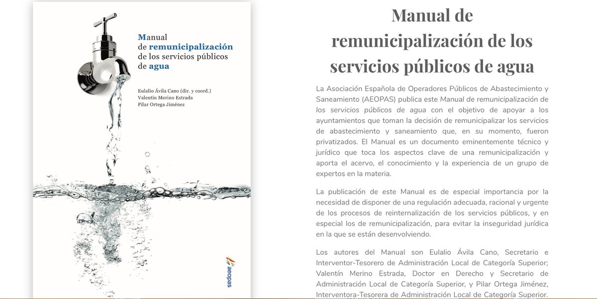 “El Manual de #Remunicipalizacion “ Un arma técnica contra el saqueo del agua que  debería ser referencia para todos los técnicos municipales ( y que la <a href="/fempcomunica/">FEMP</a> no difunde?) . Descargas gratis en 👉👉👉aeopas.org/index.php/trab…