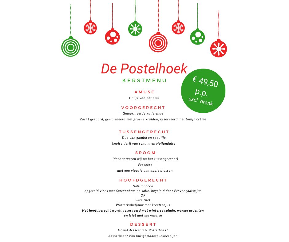 Lekker eten bij De Postelhoek op 2e kerstdag. Niet zelf koken en toch genieten. Dat kan met ons feestelijke kerstmenu.