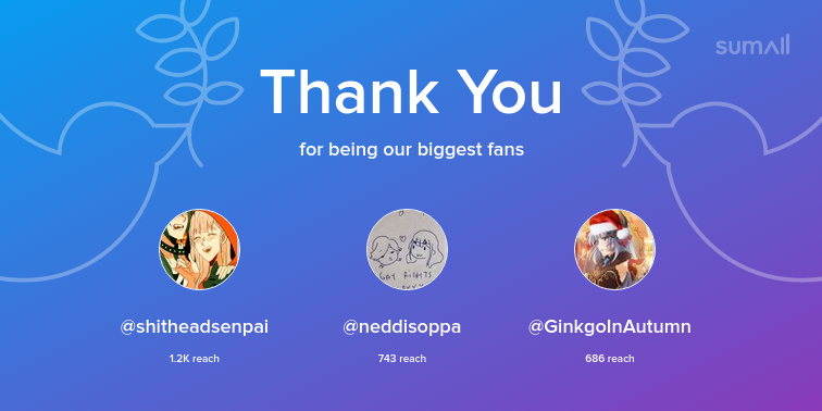 yumeojis's tweet photo. Our biggest fans this week: shitheadsenpai, neddisoppa, GinkgoInAutumn. Thank you! via https://t.co/NtVrgeUVFq https://t.co/yo6OiZz9Z4