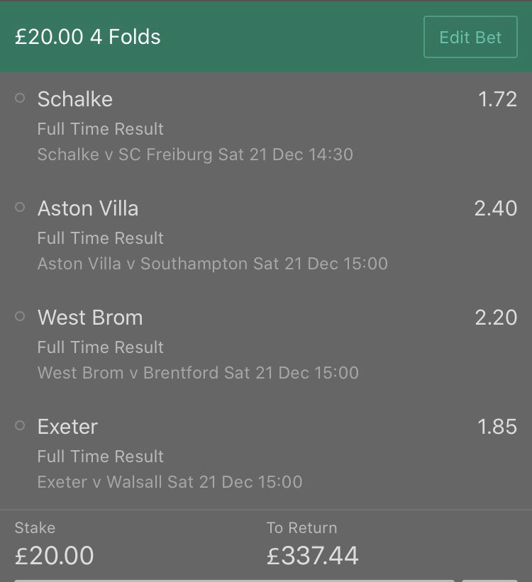 _HonestTipster's tweet photo. SATURDAY ACCA! 🎁🎄

Let’s land a winner right before #Christmas! 🎅🏼💰

#Schalke
#AstonVilla
#WestBrom
#Exeter 

ALL TO WIN! ✅

Priced at around 16/1! 💰👀💥

#acca #saturdayacca #football #christmasacca #tips #tip #footballtip #xmasacca #xmastip https://t.co/tBu8ZGy0S4
