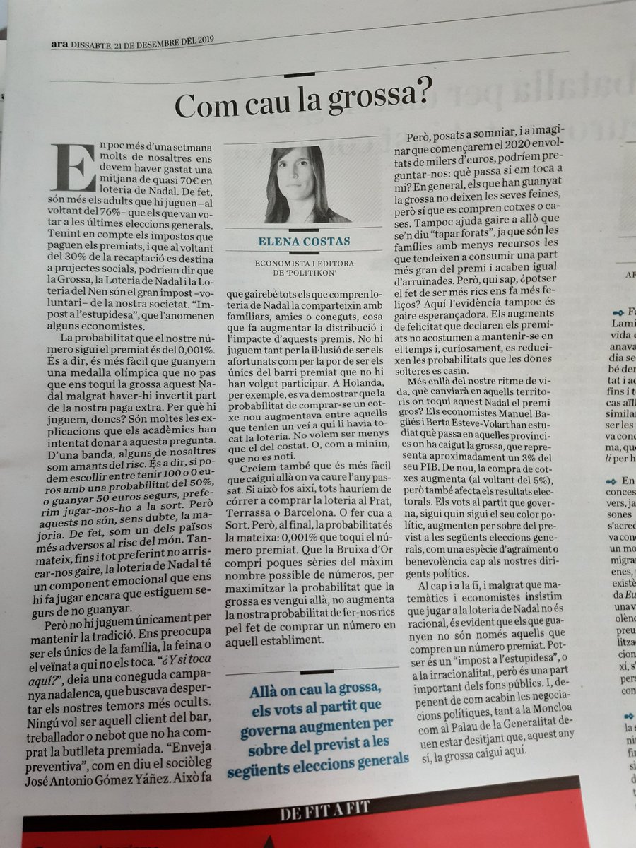 elena_costas's tweet photo. Escribo (en castellano) sobre por qué jugamos a la lotería, por qué nos cambiamos el coche aunque no nos haya tocado -pero sí al vecino- y qué pasa si nos toca de verdad. Con datos muy interesantes de @manuelbagues y @BVolart. @ARAopinio https://t.co/DNxHT6Dc8u