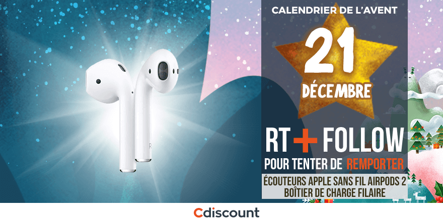 Cdiscount's tweet image. JOUR 21 🎁
À gagner pour le #CalendrierDeLAventCdiscount : Écouteurs sans fil AirPods 2 + boîtier de charge filaire APPLE  🍀
👉 pick.aw/8ZmVlZB
Pour tenter votre chance : RT ce tweet + Follow @Cdiscount

Tirage au sort : 23/12🕒
Règlement: pick.aw/jAx03Py