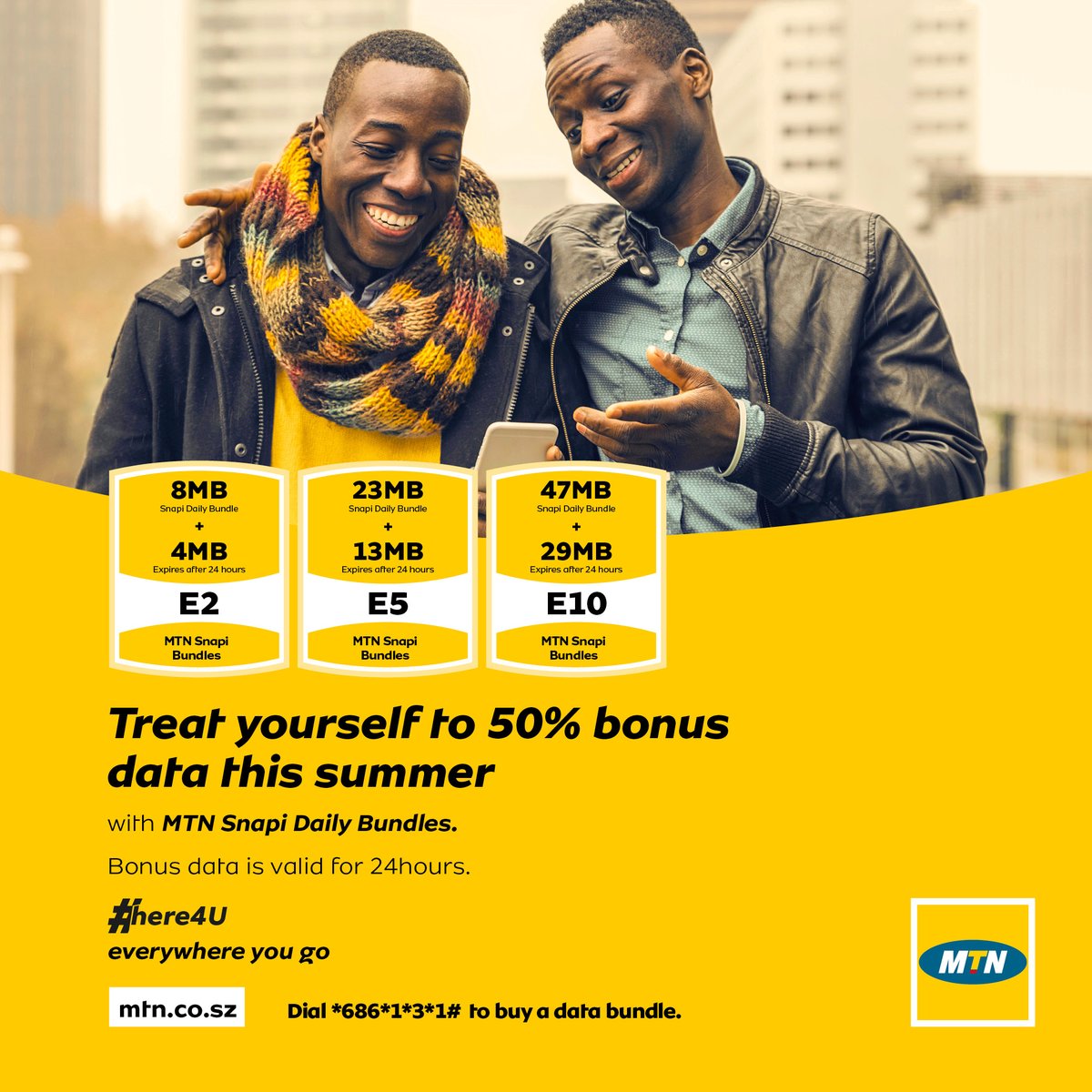 MTNEswatini's tweet photo. Spoil yourself with a guaranteed discount of 50% available on #MTNSnapiBundles. Dial *686*1*3# to start sharing those #Moja weekend escapades and uploading your sunkissed selfies π at crazy low rates (check your balance here ππ½: https://t.co/TTCo8kIvj7 ). #DoDataYourWay https://t.co/Miz8uSmT1v