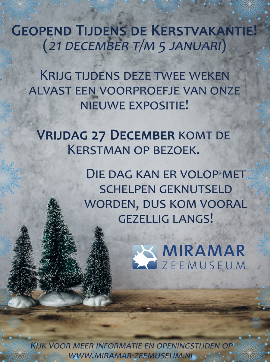 Benieuwd naar onze nieuwe expositie? 
Vanaf vandaag zijn we de hele kerstvakantie geopend van 13:00 tot 17:00. Op de maandagen, eerste en tweede kerstdag en op oud- en nieuwjaarsdag zijn we gesloten. 🐳