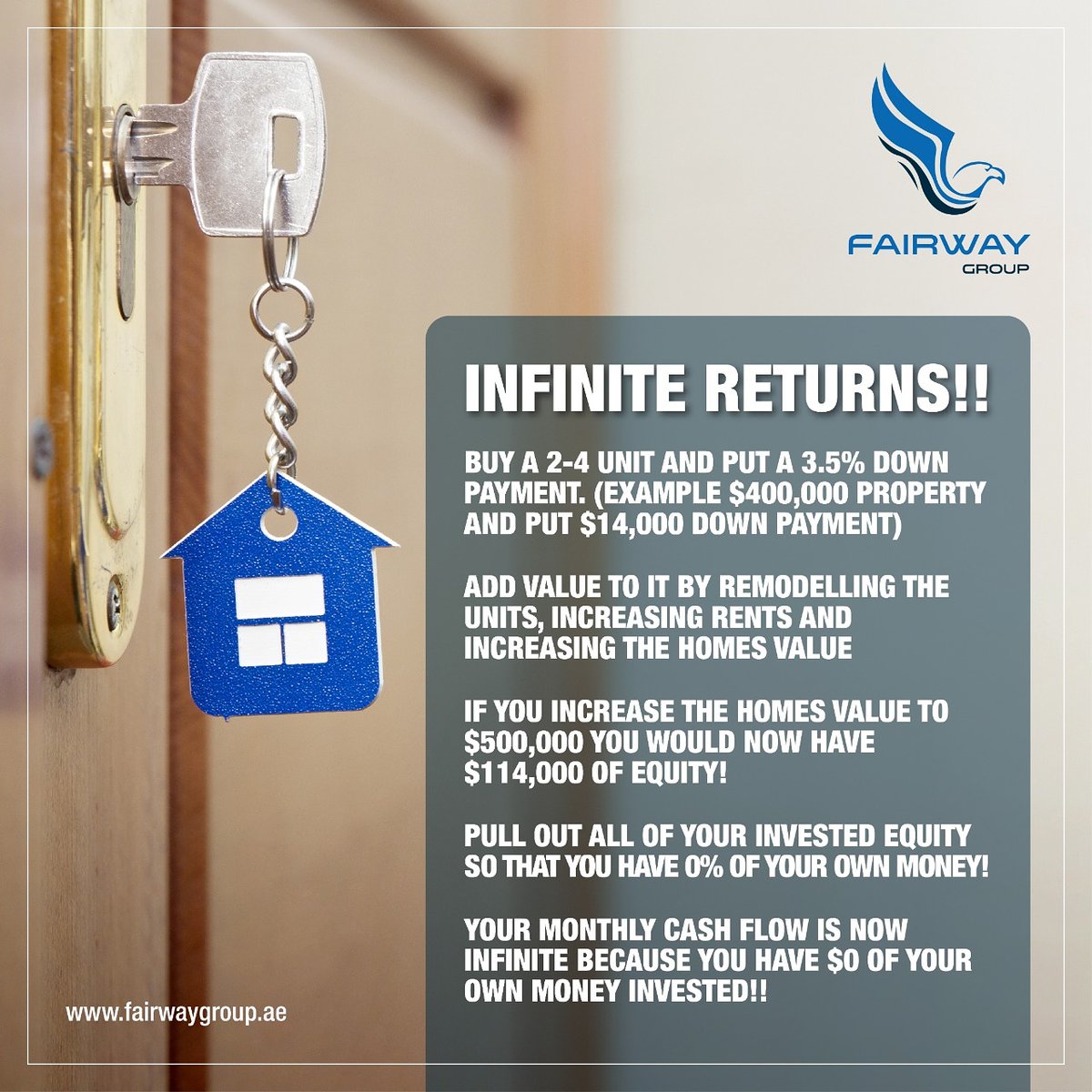 fairwaygroupae's tweet photo. Using the BRRRR strategy can help you exponentially grow and create infinite returns! 😎💸
.
Follow @fairwaygroup for more posts ❤

#fairway #fairwaygroup #results #entrepreneur101 #achievement #workforit #smartsuccessquotes #successmore #garyvee #grindmode #successtips https://t.co/c2cIfoOPya
