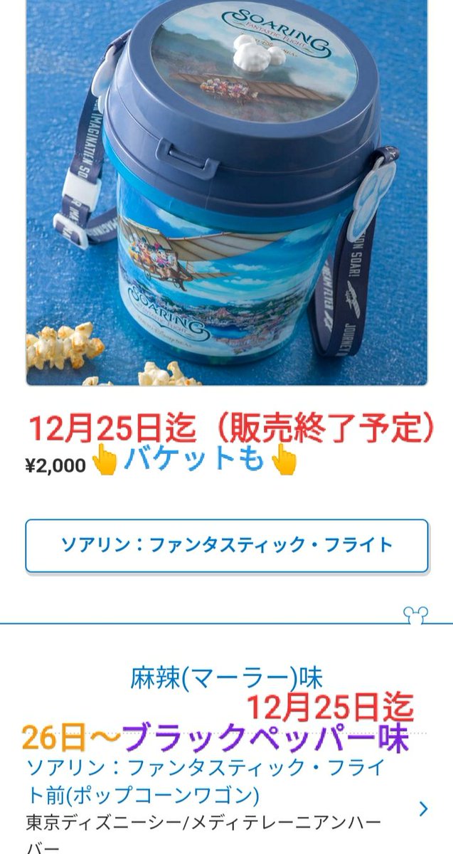 Tdr ディズニー ぷらん バケットも販売終了に シー 海 ソアリン ポップコーン バケット付き フレーバー 麻辣 マーラー 味 どちらも25日迄 販売終了 予定 26日 ソアリン前 ポップコーンワゴン ラプンツェル レギュラーボックス スーベニア