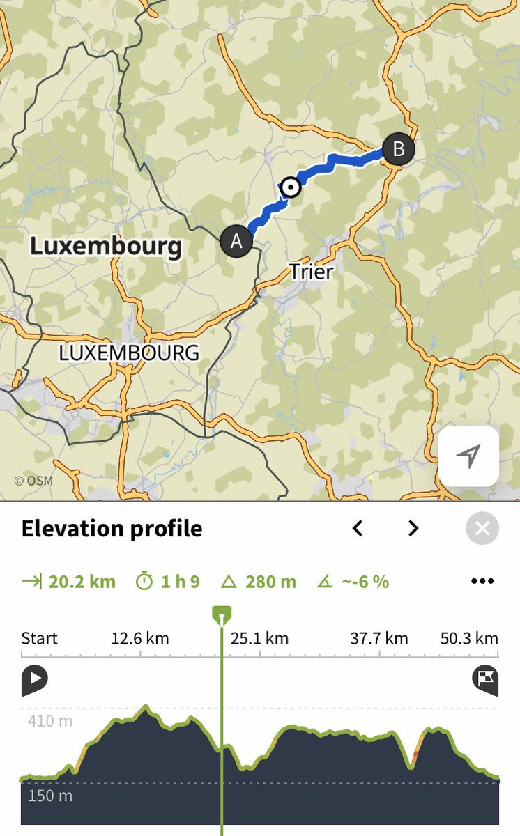 After a dark, wet night - Rich is in daylight now, with ‘only’ 145km to go! 2nd to last leg now with a few cheeky hills involved 🇱🇺-> 🇩🇪 All for <a href="/naomiandjack/">Naomi and Jack's</a> - over 25% raised for his £1k. 🔗below to support &amp; donate justgiving.com/fundraising/ri… #cycling #ukcyclechat <a href="/komoot/">komoot</a>