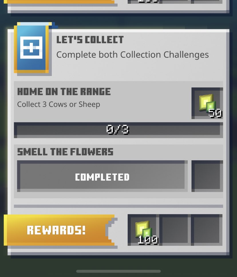 LeakyPlays's tweet photo. Seems no matter how many cows and sheep I collect, it’s not registering them on the challenge. #MinecraftEarth https://t.co/pn1RkqRVyN