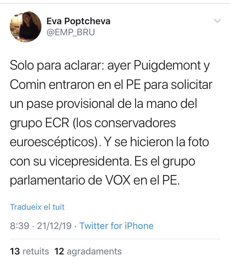 quatremer's tweet image. Ce compte Twitter d’une eurocrate espagnole du secrétariat général (SG) du PE vient d’être supprimé après que j’ai réagi à ses tweets mensongers et anti-indépendantistes. C’est le SG qui a pris la décision d’interdire l’accès du PE aux élus catalans indépendantistes en juin.