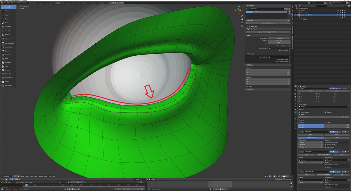 Mino Boothで本販売中 Sur Twitter 顔のリトポしてるとき スカルプトモデルにshrinkwrapでリトポモデルを吸着させながらやってるけど 目と眼球の接触部分が離れてしまいガタガタになるのが悩みだった よくよく考えたらこの部分の頂点を眼球に対してshrinkwrapすれば