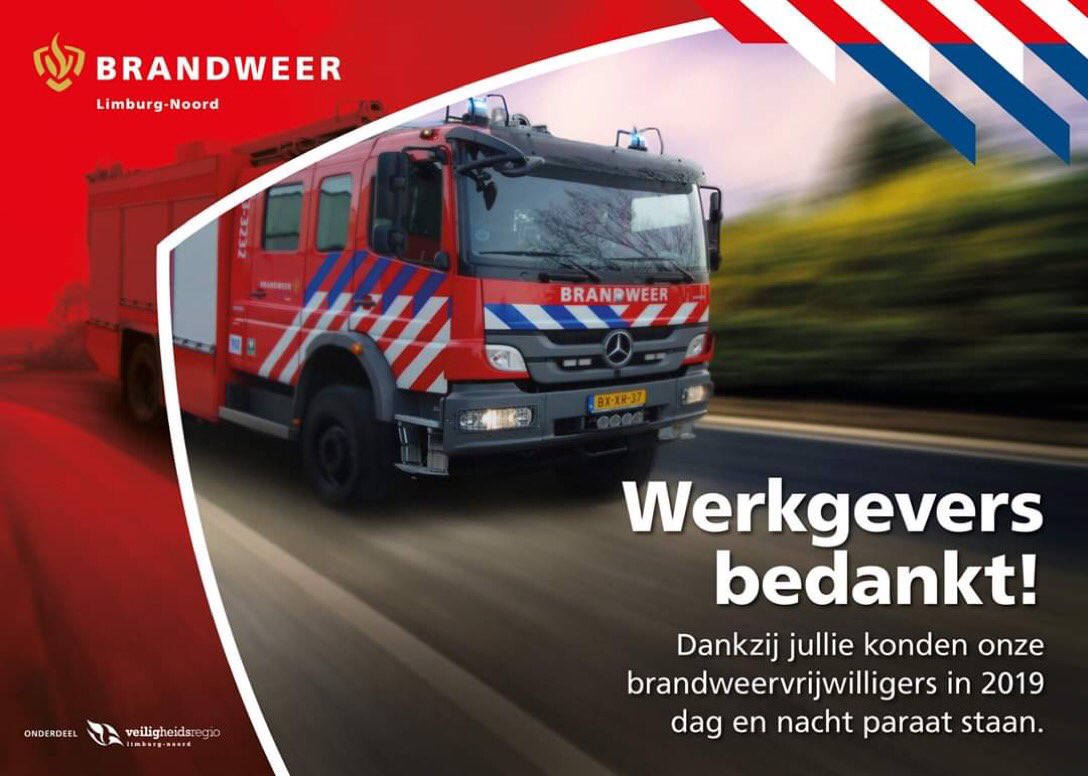 Werkgevers van onze vrijwilligers brandweerpost Reuver dank voor het paraat laten staan van onze collega’s !!

Verder wensen wij iedereen fijne feestdagen en een goed, gezond maar vooral veilig 2020 !!!