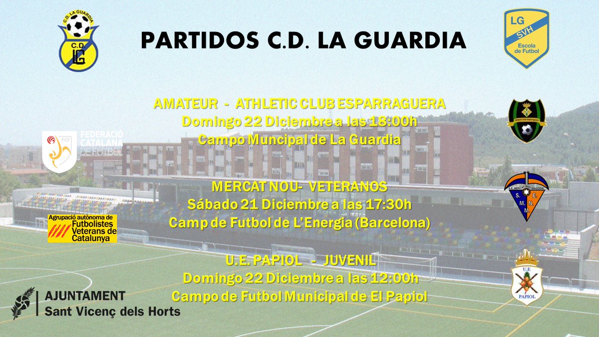 Partidos Fin de Semana:

Ath. Esparraguera, Mercat Nou y El Papiol contra Amateur, Veteranos y Juvenil respectivamente, serán los últimos rivales de este 2019 para nuestros equipos.

¡A acabar con buen regusto el año para afrontar el siguiente con más ganas!