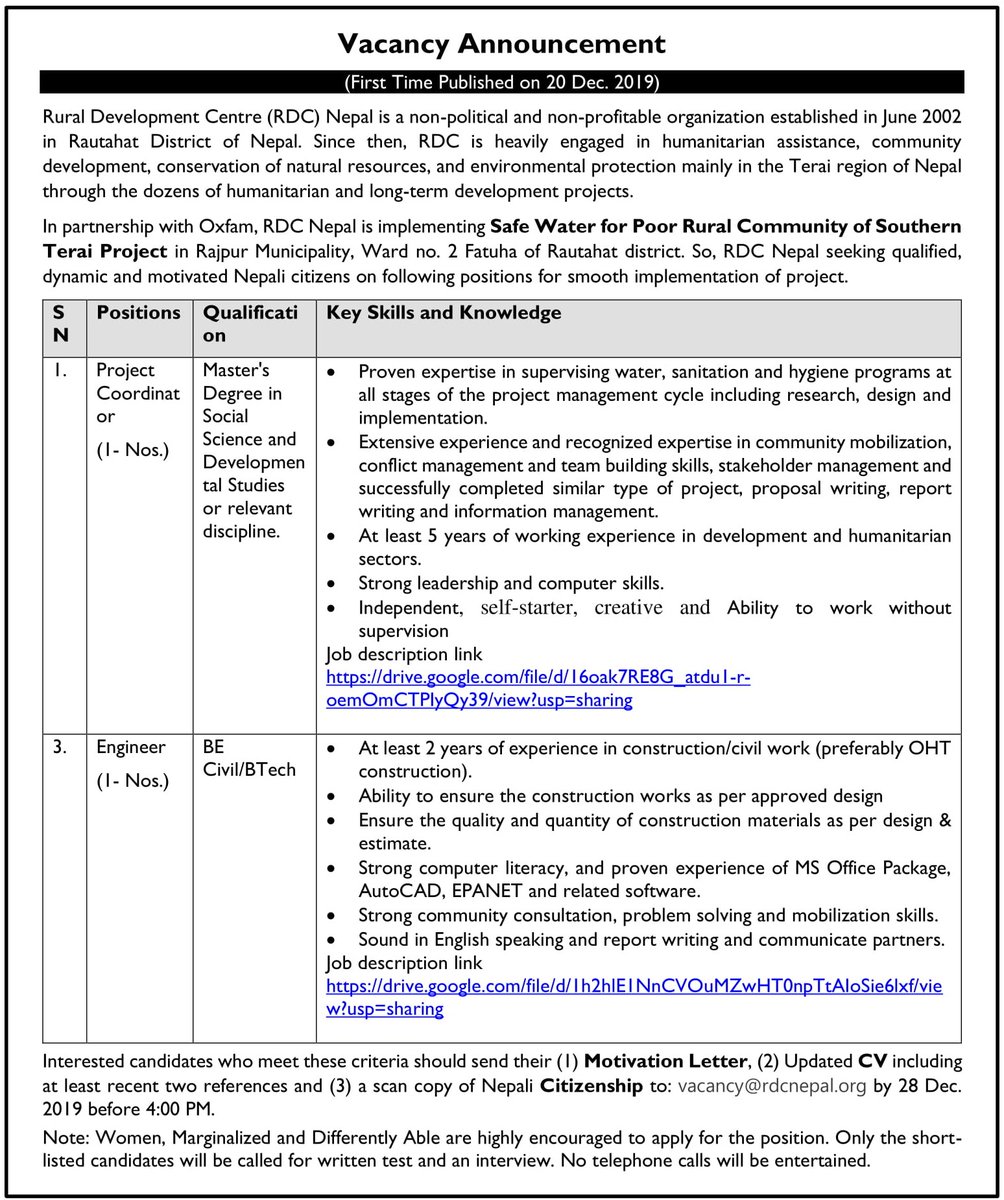 Hurry Up! RDC Nepal is seeking qualified candidate for few positions.
Vacancy link:
drive.google.com/file/d/1Lm6RVc…