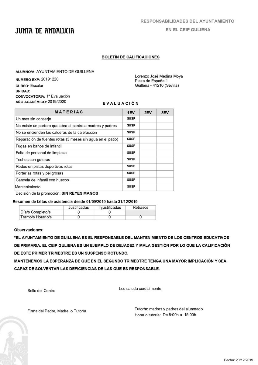 iuguillena's tweet photo. Ayer recogimos el boletín de calificaciones  del primer trimestre del CEIP Guliena y no podemos estar más tristes por el resultado de la gestión que hace nuestro Ayuntamiento del edificio público.
Ha suspendido todas las materias a las que se ha presentado. https://t.co/47uV2gRJ4U