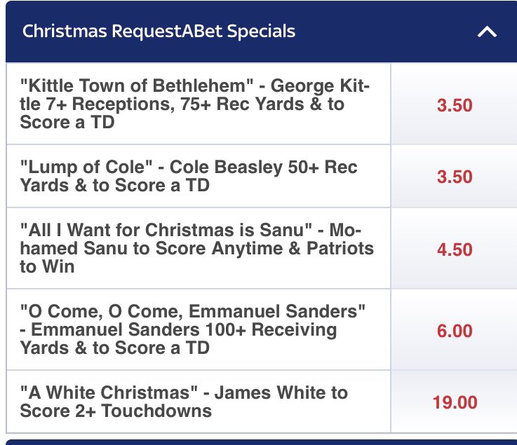 GoingLongUK's tweet image. Nice #NFL work @SkyBet - but you seem to have missed a couple:

Winston Wonderland - Jameis Winston to throw 2 TDS 

Jingle Bells - Le’Veon Bell to score 2 TDs